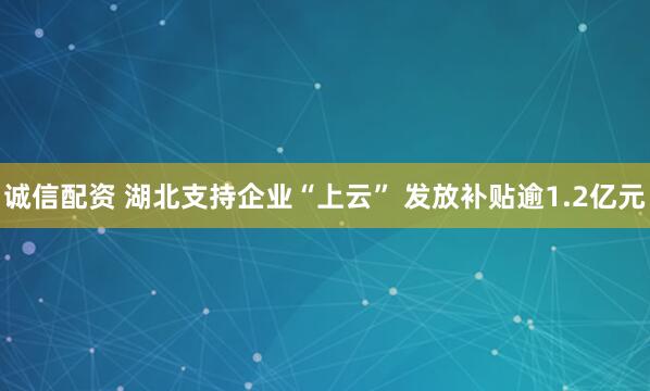 诚信配资 湖北支持企业“上云” 发放补贴逾1.2亿元